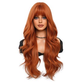 KAMIMASU Fashion Glueless Copper Red Long Natural Wavy Auburn Hair Full Machine Made No Lace Synthetic Wig with Air Bangs Orange Wigs for Women, Drag Queen Cosplay 28 Inches