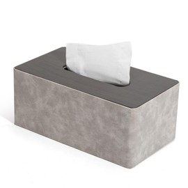 LARENNT PU Leather Tissue Box, 25 x 14 x 10 cm Square Cosmetic Tissues Box, Tissue Box Dispenser TissueBox Tissue Box for Home, Bathroom, Living Room, Bedroom, Car, Office (Grey & Wood Grain)