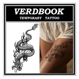 VERDBOOK Waterproof Temporary Tattoos: 2-Sheet Tattoo Kit with Realistic Body Stickers, Semi-Permanent Tattoos for Adults Lasting 7-15 Days – Safe for Men & Women, Shadow Dash Dragon