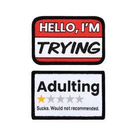 Adulting-Hello I'm Trying Funny Meme Morale Applique Patch 2-Pack Set, Hook & Loop Fastener/Backing, Tactical Accessory for Clothing-Jackets-Hats-Backpacks