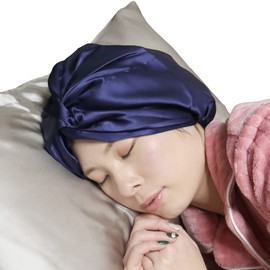 SILKMONDO Silk Turban Nightcap (100% Natural Silk, Elastic + Tie Type, Just Wear Rubber Only, 3 Colors, Moisturizing, Turban-style Nightcap), navy