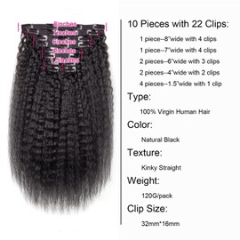 VKHAIR Kinky Straight Clip in Hair Extensions for Black Women Human Hair Clip In Extensions10Inch 10PCS 120g Natural Black Full Head Unprocessed Remy Human Hair (Natural Black, 10inch)