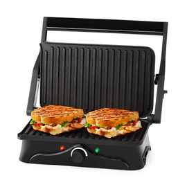 Holstein Housewares 2-Slice Panini Press and Grill - Black/Stainless Steel Sandwich Maker with Non-Stick Coating, Temperature Control, and Drip Tray - Opens 180 Degrees for Versatile Cooking