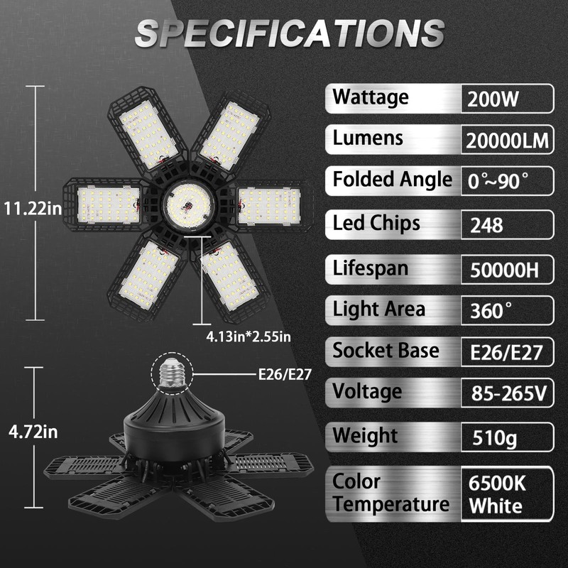 AUDLES 4 Pack LED Garage Light, 200W 20000LM 6500K LED