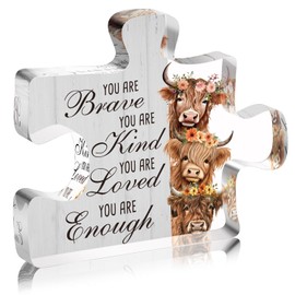 Inspirational Highland Cow Acrylic Sign Decor Gifts for Women, You Are Brave Kind Loved Enough Positive Gifts for Friends Coworker, Motivational Decorations Gifts for Home Farm Bathroom Bedroom