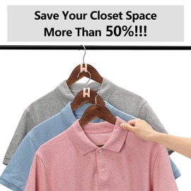 AMKUFO 24 Pcs Wooden Clothes Hangers Premium Wooden Suit Hangers with Non Slip Groove, 17.5 Inch Solid Wood with 360° Swivel Hook, Coat Hangers with 24 Free Connector Hooks for Space Saving (Walnut)