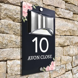 Custom Signs Solar Illuminated Modern Anthracite House Number Sign 24cm x 14.5cm Pink Flowers in Corners Design