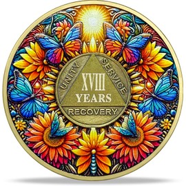 18 Year Sobriety Coin Gifts | Sun and Boat Butterfly AA Coin - HA AA Chip Medallion with Serenity Prayer | Narcotics Alcoholics Anonymous Gifts for Anniversary Year for Men & Women in Recovery