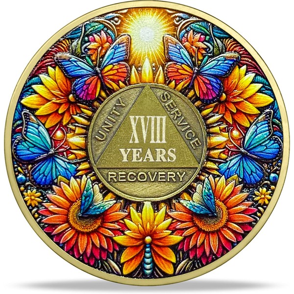 18 Year Sobriety Coin Gifts | Sun and Boat Butterfly