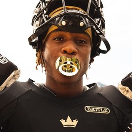 Battle Sports Binky Oxygen Football Mouthguard - Detachable Strap, Maximum Breathability, Works with Braces & No Boiling Required - Chrome Gold