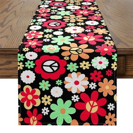 jejeloiu Retro Hippie Flower Table Runner 60x13 Inch Hippie Peace Art Home Kitchen Dining Decor 60S 70S Groovy Vintage Floral Peace Sign Artwork Decorations Party Supply Red Home Decor for Living Room
