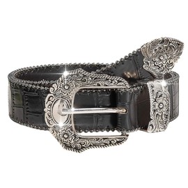 Flimire - Cinturón de piel clásico para mujer, color negro, con hebilla grabada, para vaqueros, jeans, vestido, Negro -, Fit Waist Size:25''-33''