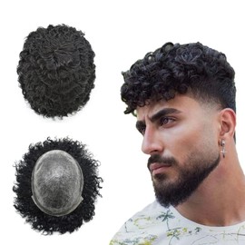 Afro Toupee for Black Men All Poly PU Injected Human Hair Replacement System 12MM Kinky Curly African American Man Hairpiece Hair Units for Black Man Male Hair Wigs 12MM #1B OFF BLACK