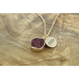 Sorority Shop - DST Necklace - Delta Sigma Theta Red Druzy Gemstone Necklace With Engraved Pendant – 14K Gold Dipped Jewelry with Red Gemstone – Sorority Gift, Charm Paraphernalia
