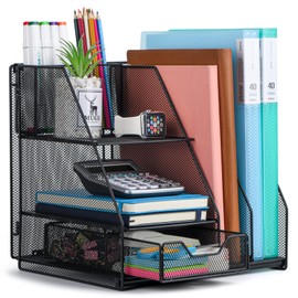 Topwey Desk Organizer, File Organizer for Desk with 2-Tier Paper Letter Tray, Drawer and 2 Pen Holder, Mesh Desktop Organization with Magazine Holder for Office Supplies