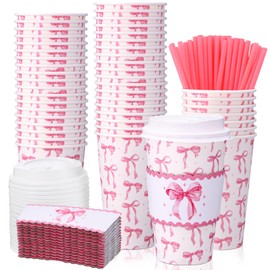 Jingmore 50 Set Pink Bow Disposable Coffee Cups with Lids and Straw Sleeves 16oz Coquette Bowknot Drinking Cps for Wedding Birthday Baby Shower Bachelorette Party Supplies