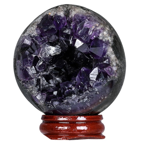 KYEYGWO Amethyst Druzy Geode Gemstone Sphere with Wood Stand, Natural