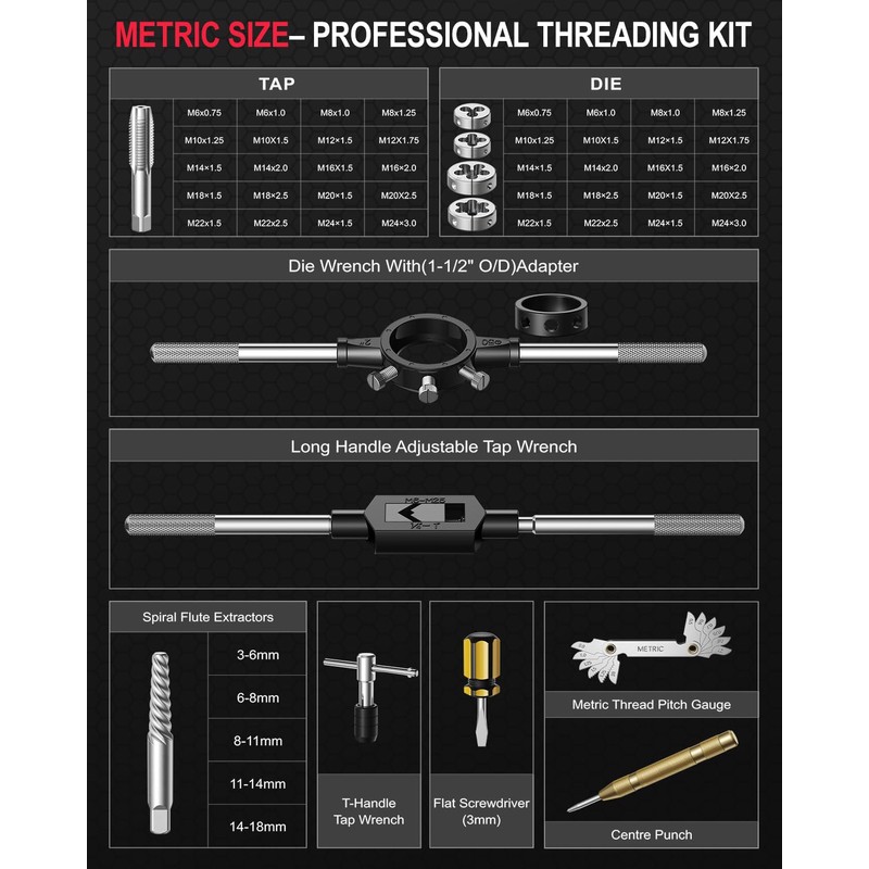 Kolvoii 52-Piece Large Metric Tap and Die Set, M6-M24 Thread