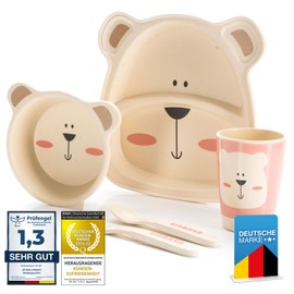 all Kids United® Children's Plastic Tableware Set, 5-Piece Reusable Tableware Set with Animal Motifs, Cup, Bowl, Plate, Spoon & Fork for Children (Polar Bear)