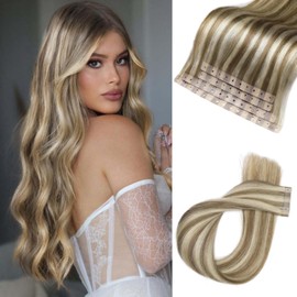 Hanne Fashion Human Hair Extensions Micro Ring PU Hair Extensions Glueless Remy Human Hair Extensions with Holes Highlight Blonde 9A/P60 Invisible Tape in Hair Extensions for Women (35g 4Pcs,18 Inch)