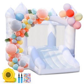 Puligoth White Bounce House for Kids: Portable Inflatable Bouncy House with Blower for Indoor Outdoor Birthday Party, Wedding - Small Bouncy Castle with Slide and Storage Bag for Kids 3-6