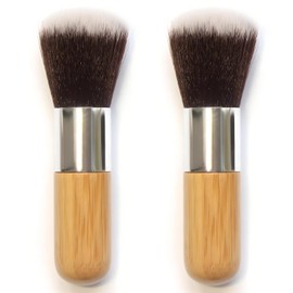 2 Piece Professional Kabuki Foundation Brush Set: Flat & Angled Top for Liquid, Cream, Powder - For Flawless Blending & Buffing