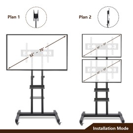 TAVR Dual Mobile TV Stand Rolling TV Cart Floor Stand with 2 TV Brackets on Locking Wheel Height Adjustable Shelf for 32-70 inch Flat/Curved Screen TV Gaming Console Display,Loading 110 lbs