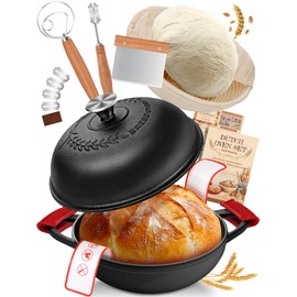 Dutch Oven Bread Baking Pot with Lid 6QT Cast Iron Design & Complete Sourdough Kit (Banneton Basket, Dough Tools, Silicone Sling) for Artisan Bread Making