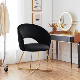 Furniliving Velvet Vanity Chair with Curved Back, Upholstered Barrel Desk Chair with Gold Legs, Mid Century Modern Accent Chair for Living Room, Dressing Room, Bedroom, Black