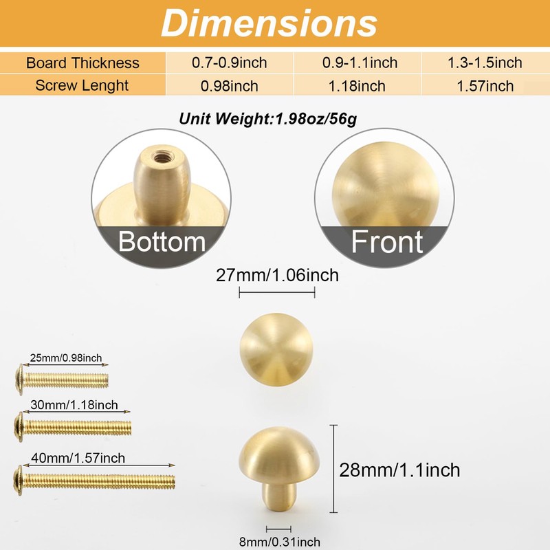 Flybath 5 Pack Mushroom Cupboard Door Knobs Cabinet Solid Brass