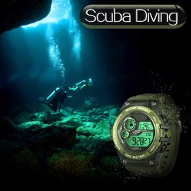 Boys Men Swim Watch 100m Water Resistant Diving Watch Stopwatch Chronograph Alarm Dual Time Zone 12/24 Hour Format, Military