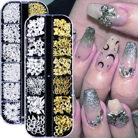 2 Boxes Silver Gold Nail Charms Bow Star Nail Rhinestones Multi Shapes Metal Rivets Design Y2K Nail Art Supplies Shiny Alloy Nail Gems 3D Mini Nail Jewels for Women Girls Acrylic Manicure DIY Decor