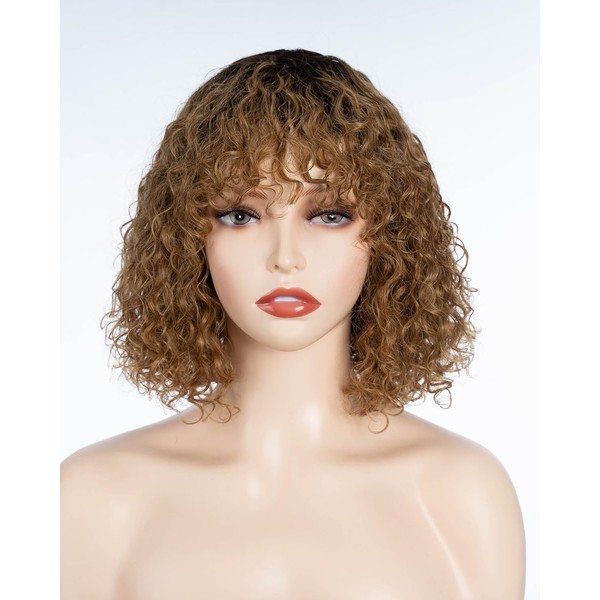 JOEDIR LUX Glueless Short Curly Human Hair Wig with Bangs
