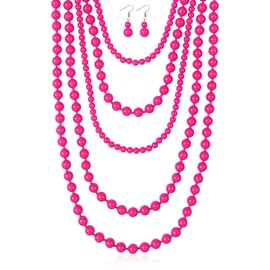 RIAH FASHION Multi Beaded Bubble Statement Necklace - Round Ball Chunky Drape Bib Collar Marbled, 7 Layer Long (Multi Layer Statement Necklace Set - Fuchsia)