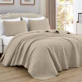 Chezmoi Collection Luca 3-Piece Oversized Bedspread Set, Queen Size, Khaki - Summer Quilt Lightweight Microfiber Bedspread 100 x 106 - Floral Medallion Pattern Coverlet for All Season