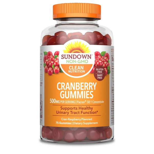 Sundown Cranberry Gummies , Dietary Supplement, Supports Urinary Tract Health, 500mg, Cran-Raspberry Flavored, 75 Count
