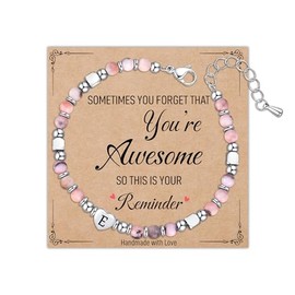 Astellea Pink Zebra Bracelet for Womens Girls, Charm Initial Bracelet Healing Natural Stone Gifts with Card Letter Jewellery for Friend Sister Daughter Mum at Mother's Day Christmas Birthday (E)