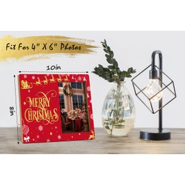 Merry Christmas Picture Frame, Winter Holiday Decorations Gifts, Santa, Reindeer and Sleigh Photo Frame Signs, Red Wooden Tabletop Photo Frame With Stand, Christmas Frame Gifts for Family Friends -C13