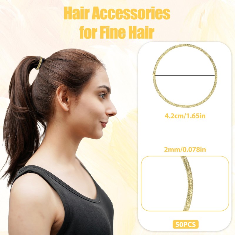 50 Pcs Gold Hair Ties, Shimmer Elastic Small Rubber Gold