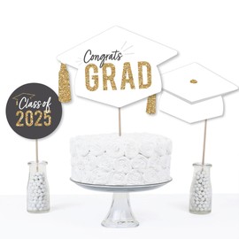 Big Dot of Happiness White and Gold 2025 Graduation Party Centerpiece Sticks, Congrats Grad Decor, Class of 2025 Grad Party Table Toppers - 15 Pieces