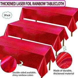 3 Pack Sparkling Holographic Laser Rectangular Tablecloth - Shimmering, Waterproof, Easy to Clean - Ideal for Bachelorette, Birthday, Wedding, and Anniversary Party Decorations (Red)