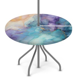 Round Outdoor Tablecloth with Umbrella Hole,Patio Table Cover Fitted Tablecloth Waterproof Umbrella Table Cover for Party Picnic (Marble Purple Blue Gold, Fit for 36"-44" Round Tables)