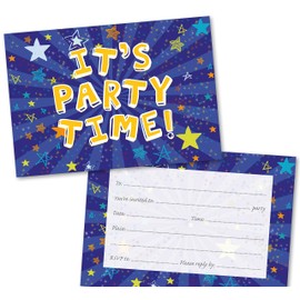 Absolutely Yours Party Invitations Pack of 36. Blue Starburst themed invitation with matching envelopes. 120 x 172mm. Party Invites, Birthday Party Invitations. Suitable for all ages. Printed in UK.