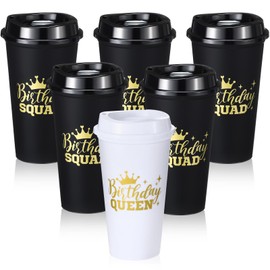 Nuenen 6 Pcs Reusable Birthday Queen and Squad Coffee Cups with Lid 16 oz Plastic Tumblers Bulk for 20th 30th 40th 50th Birthday Christmas Anniversary Party Supplies for Women Adults (White,Black)