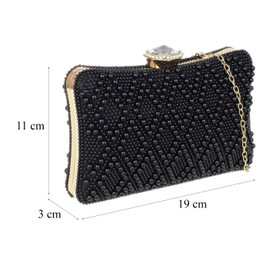 Girly Handbags Womens Beaded Pearls Hard Case Clutch Bag Medium Black