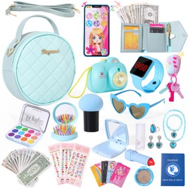 Kagenmi Play Purse for Little Girls, 39Pcs Toddler Purse with Makeup for Girls Age 3 4 5 6+, Pretend Princess Toys Includes Phone, Watch, Camera,Wallet, Kids Toy Purse Christmas Birthday Gift (Blue)