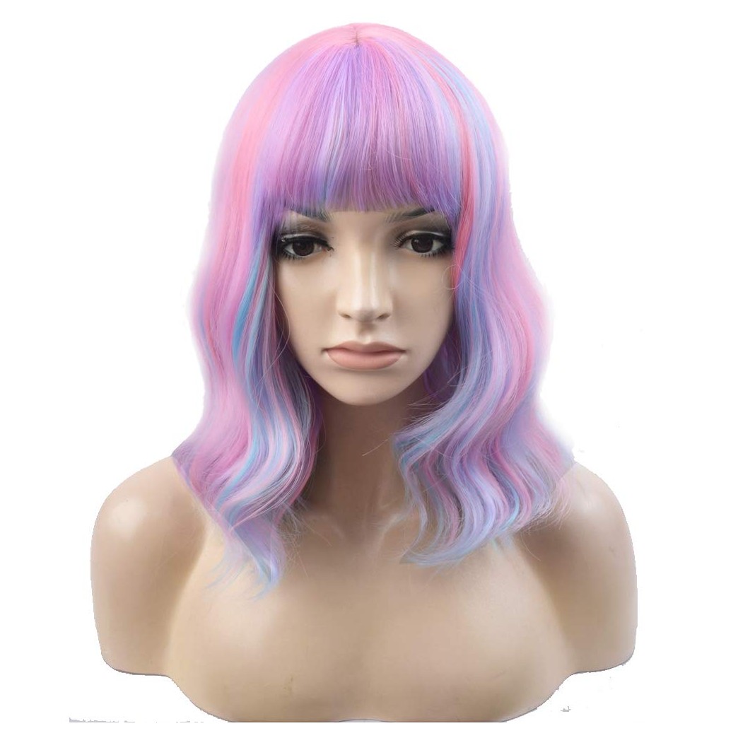 BERON 14'' Short Curly Women Girl's Charming Synthetic Wig with Bangs Wig Cap Included (Ice-cream Color)