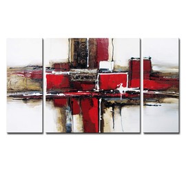 Noah Art-3 Panel Abstract Wall Art, Red and Black 100% Hand Painted Modern Abstract Oil Paintings on Canvas, Large Abstract Art for Living Room Wall Decor, 24 Inches Height x 48 Inches Width