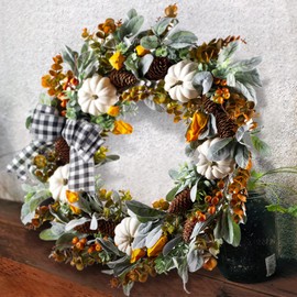 WANNA-CUL 24 inch Large Farmhouse Fall Wreath Decor for Front Door with White Pumpkin,Cotton,Lamb's Ear and Eucalyptus Leaves,Harvest Door Wreath for Autumn or Thanksgiving Decorations