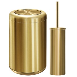 Maxdot 2 Pcs Small Gold Bathroom Trash Can with Flipping Lid and Toilet Brush Set 2.6 Gal/10 L Stainless Steel Garbage Can for Office Living Room Kitchen Bedroom Hotel, Toilet Brush with Holder